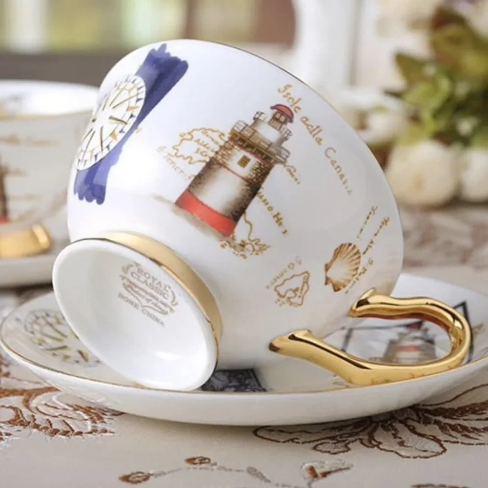 Royal Classic Bone China Teacup and Saucer Set, Nautical Lighthouse & Canary Isl
